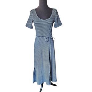 Club Monaco Midi Dress Size S Navy Blue Striped Ponte Knit Coastal Tie Waist NWT
